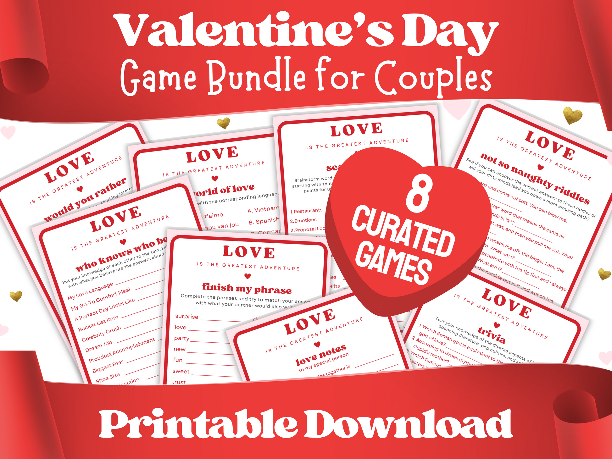 Valentines Day printable party games for adults, couples