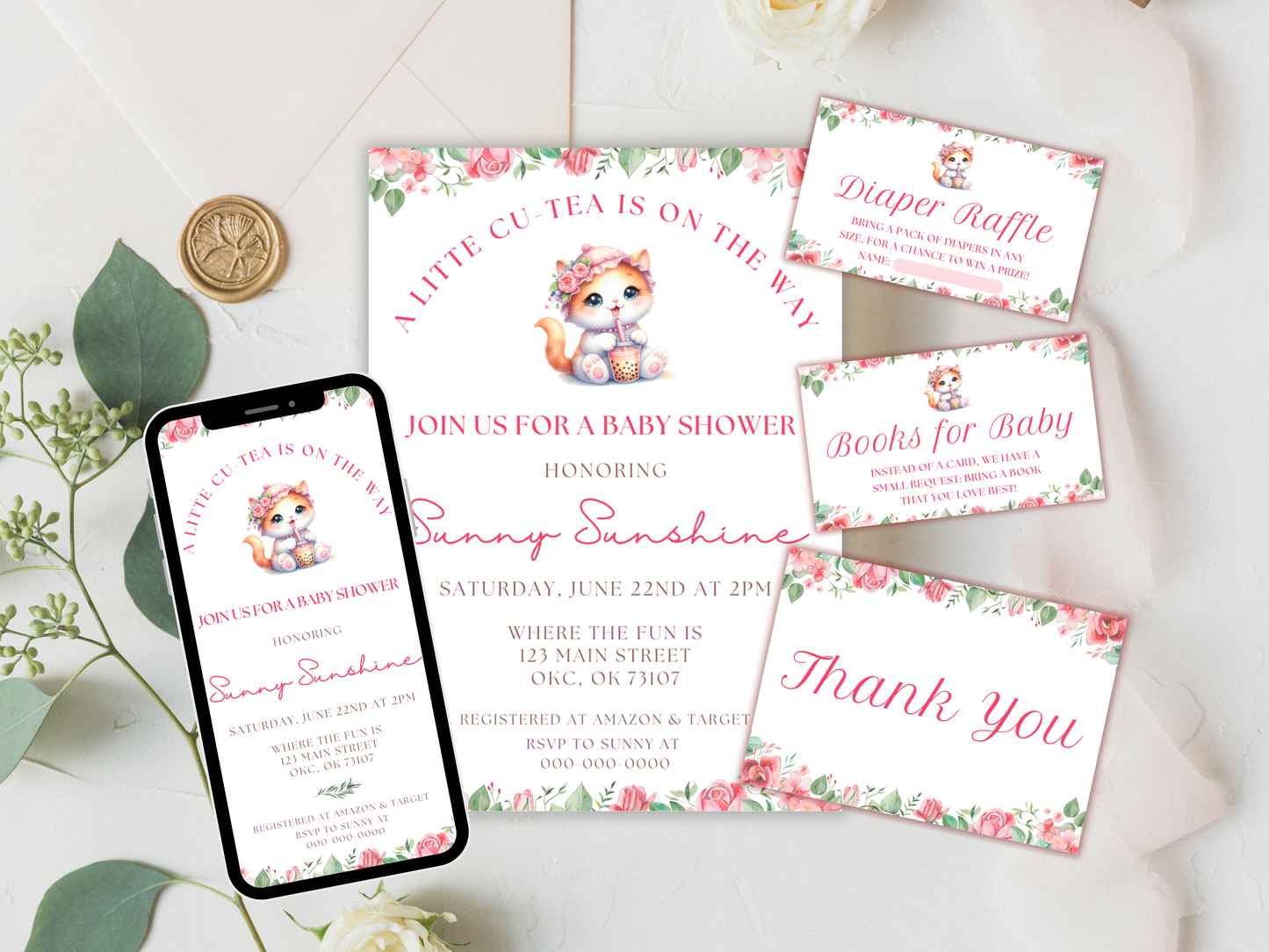 Floral Cat Boba baby shower invitation set - thank you card, books for baby, diaper raffle