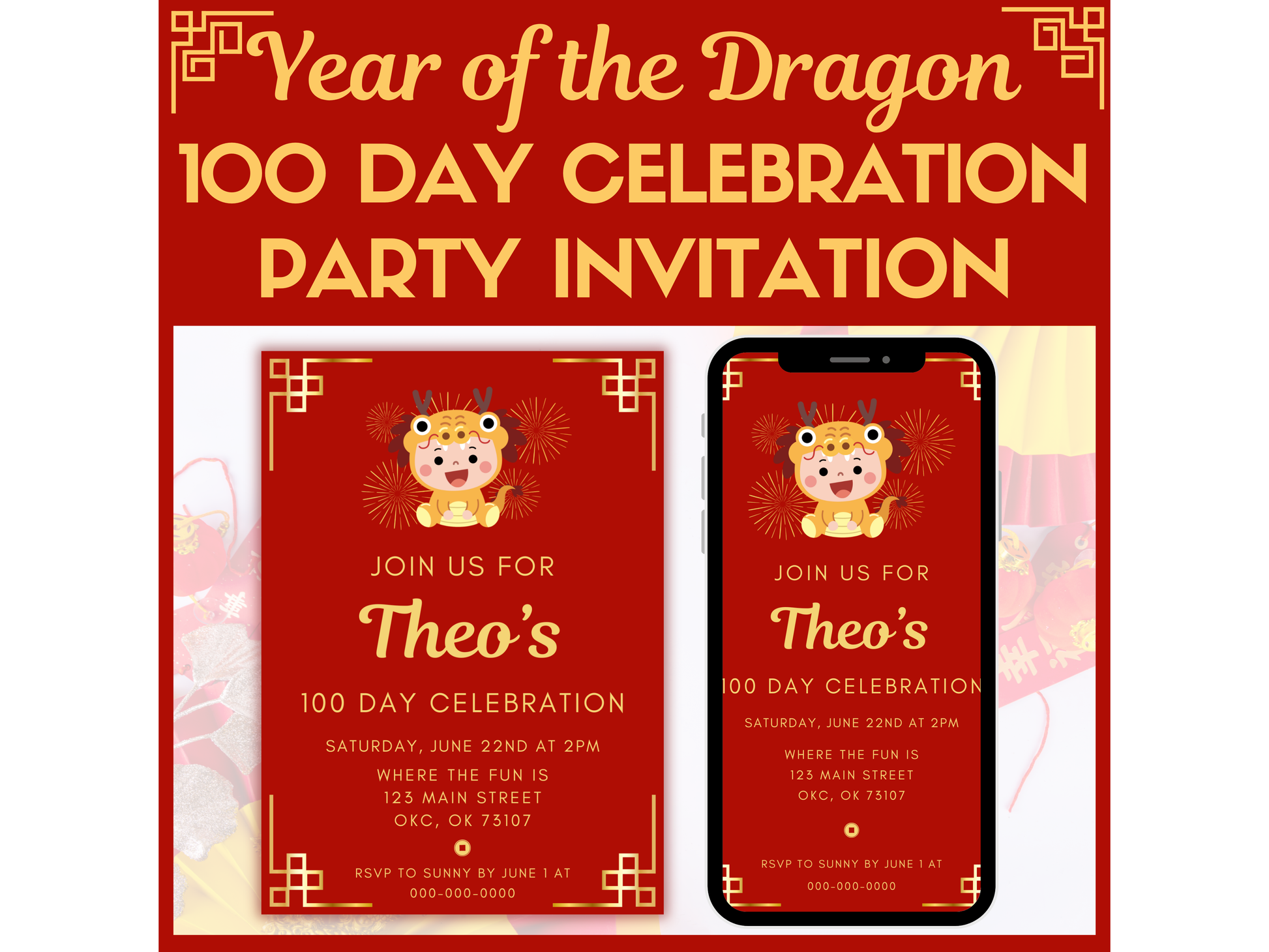 100 day Celebration printable party invitation, Red Egg and Ginger party invitation