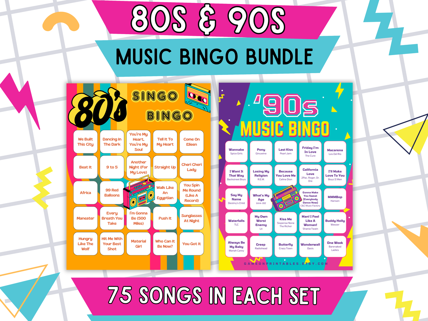 80s and 90s Music Bingo With Playlist Bundle