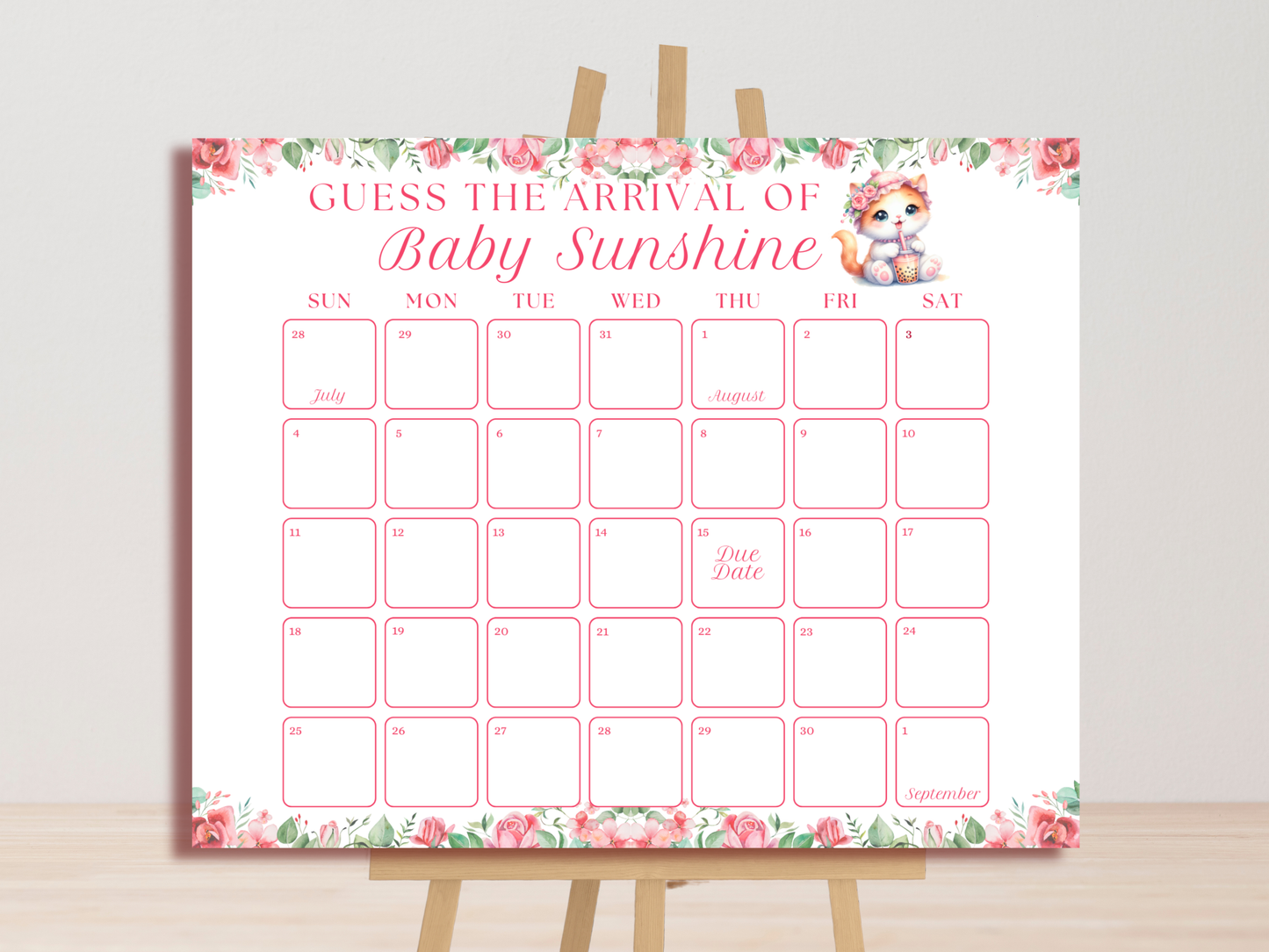 Floral Boba Cat Baby Shower Due Date Calendar