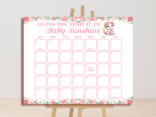 Floral Boba Cat Baby Shower Due Date Calendar