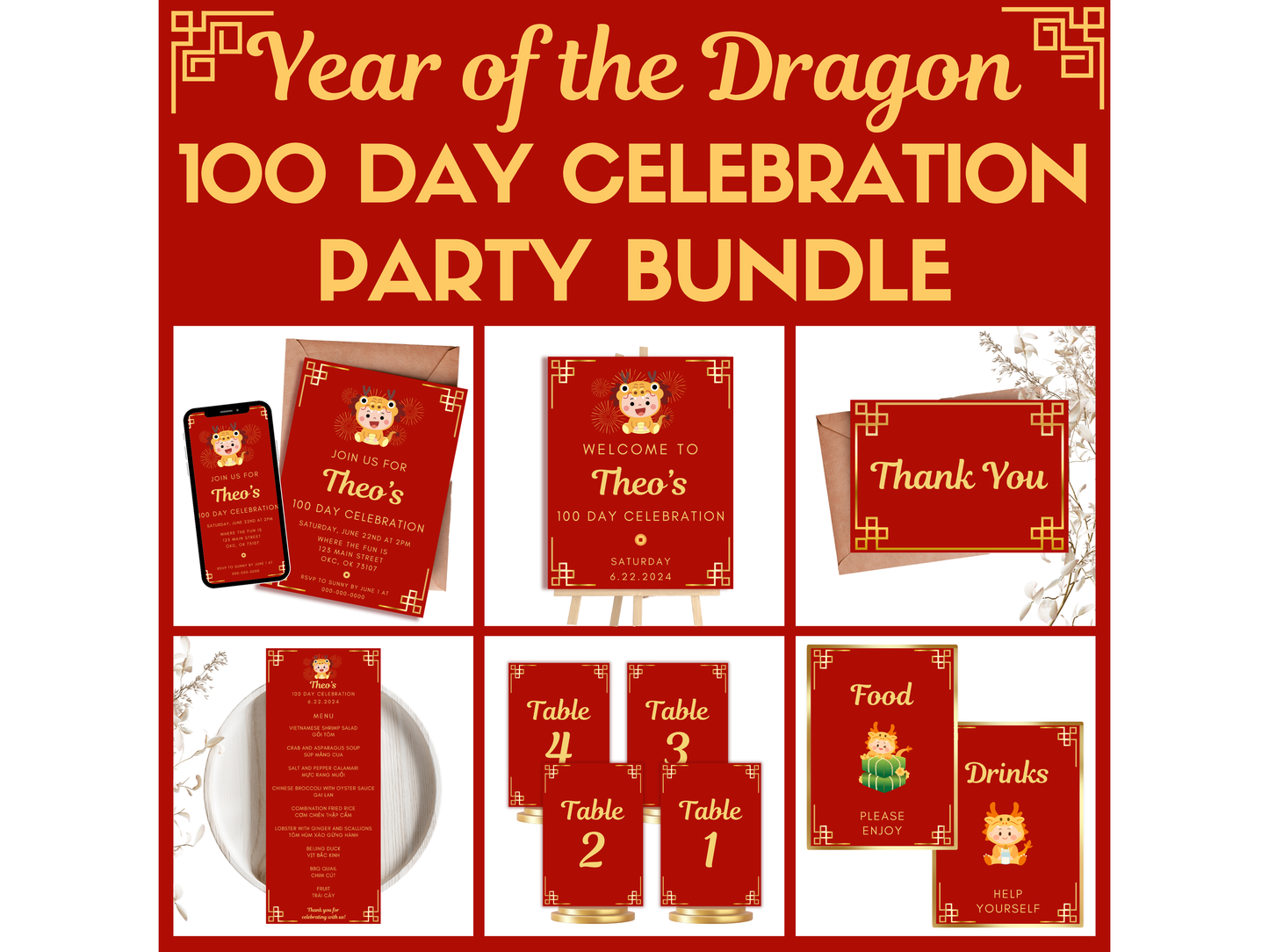 100 day Celebration printable party bundle, red egg and ginger party