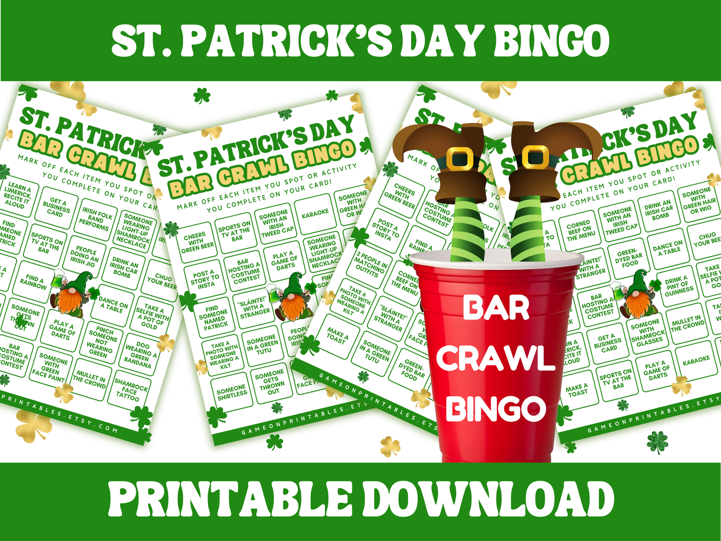 St. Patricks Day printable bar crawl bingo game