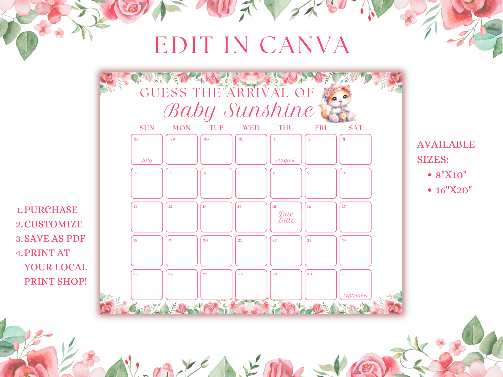 Floral Boba Cat Baby Shower Due Date Calendar