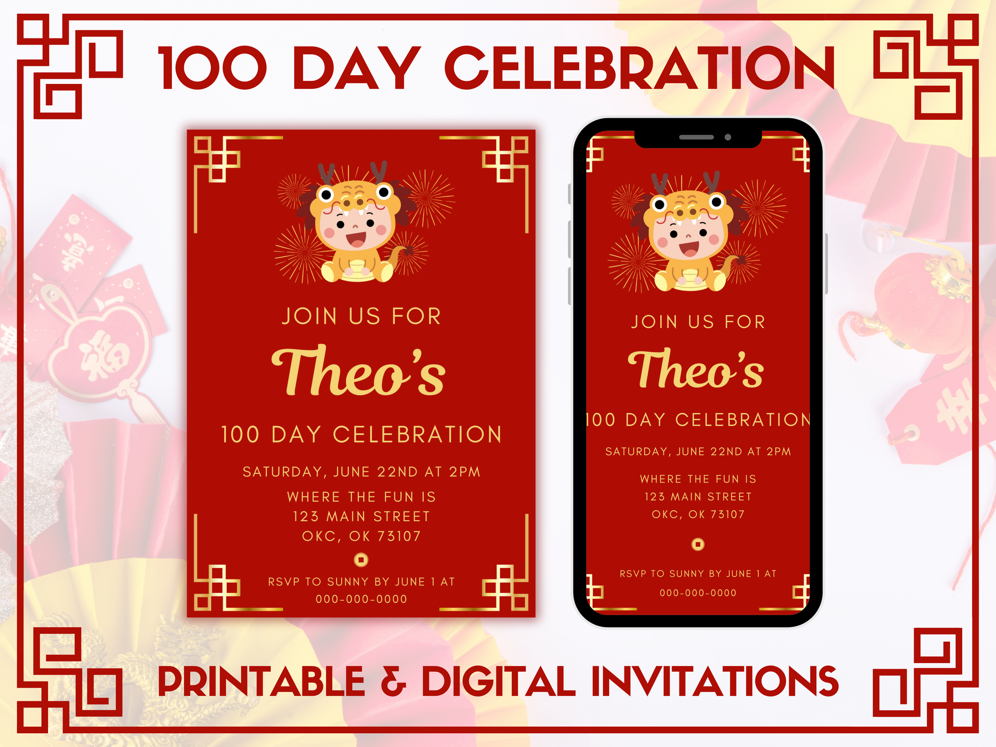 100 day Celebration printable party invitation, Red Egg and Ginger party invitation