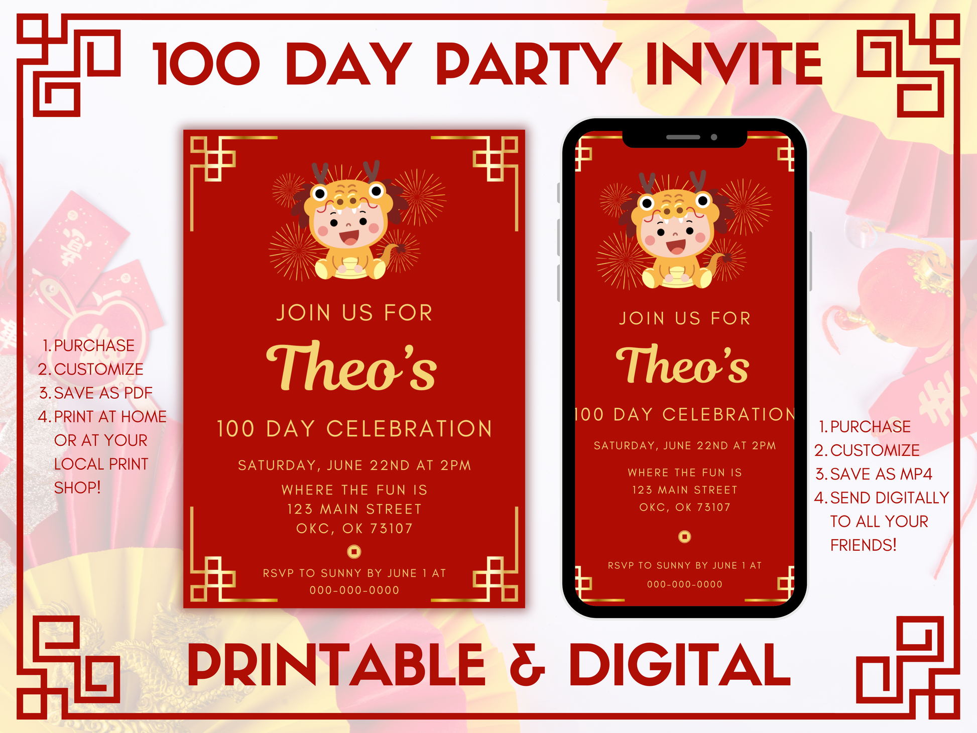 100 day Celebration printable party bundle, red egg and ginger party