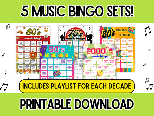 60s, 70s, 80s, 90s, 2000s Music Bingo with Playlist