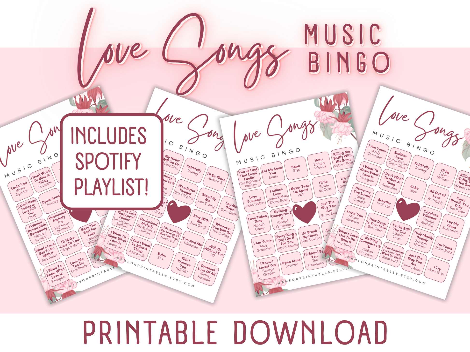 Love Songs Music Bingo Game With Playlist