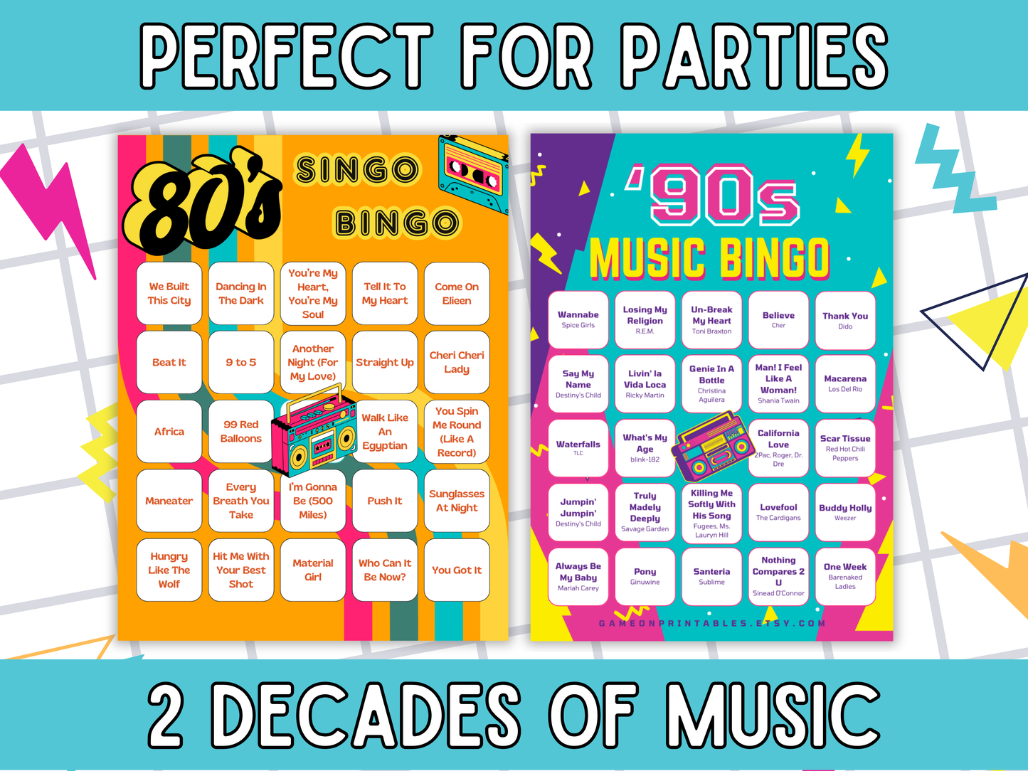 80s and 90s Music Bingo With Playlist Bundle