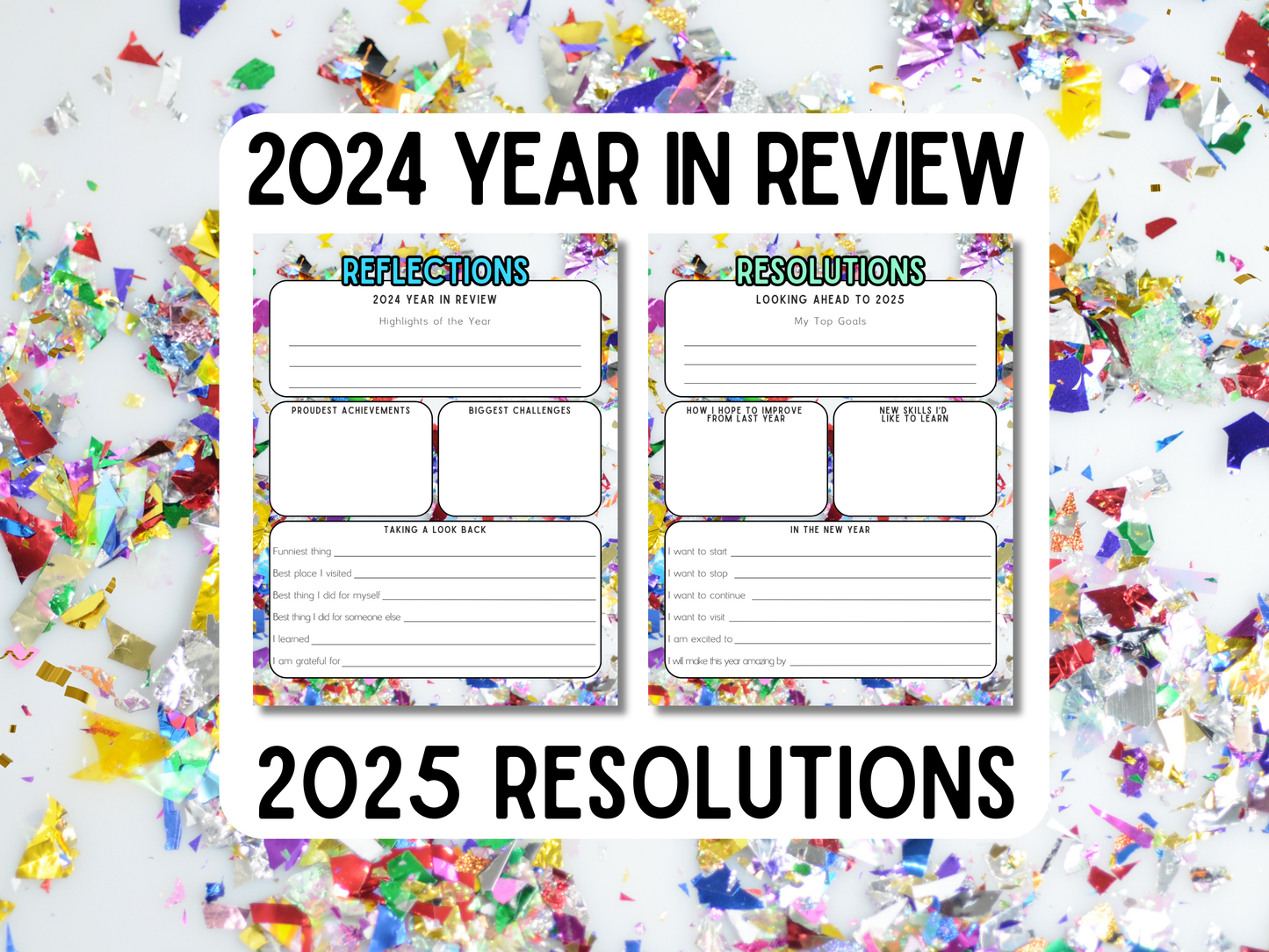 2024 Year in Review and 2025 Resolution printable worksheets