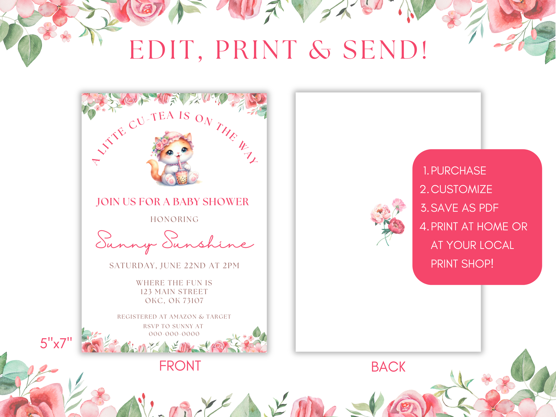 Floral Cat Boba baby shower invitation set - thank you card, books for baby, diaper raffle