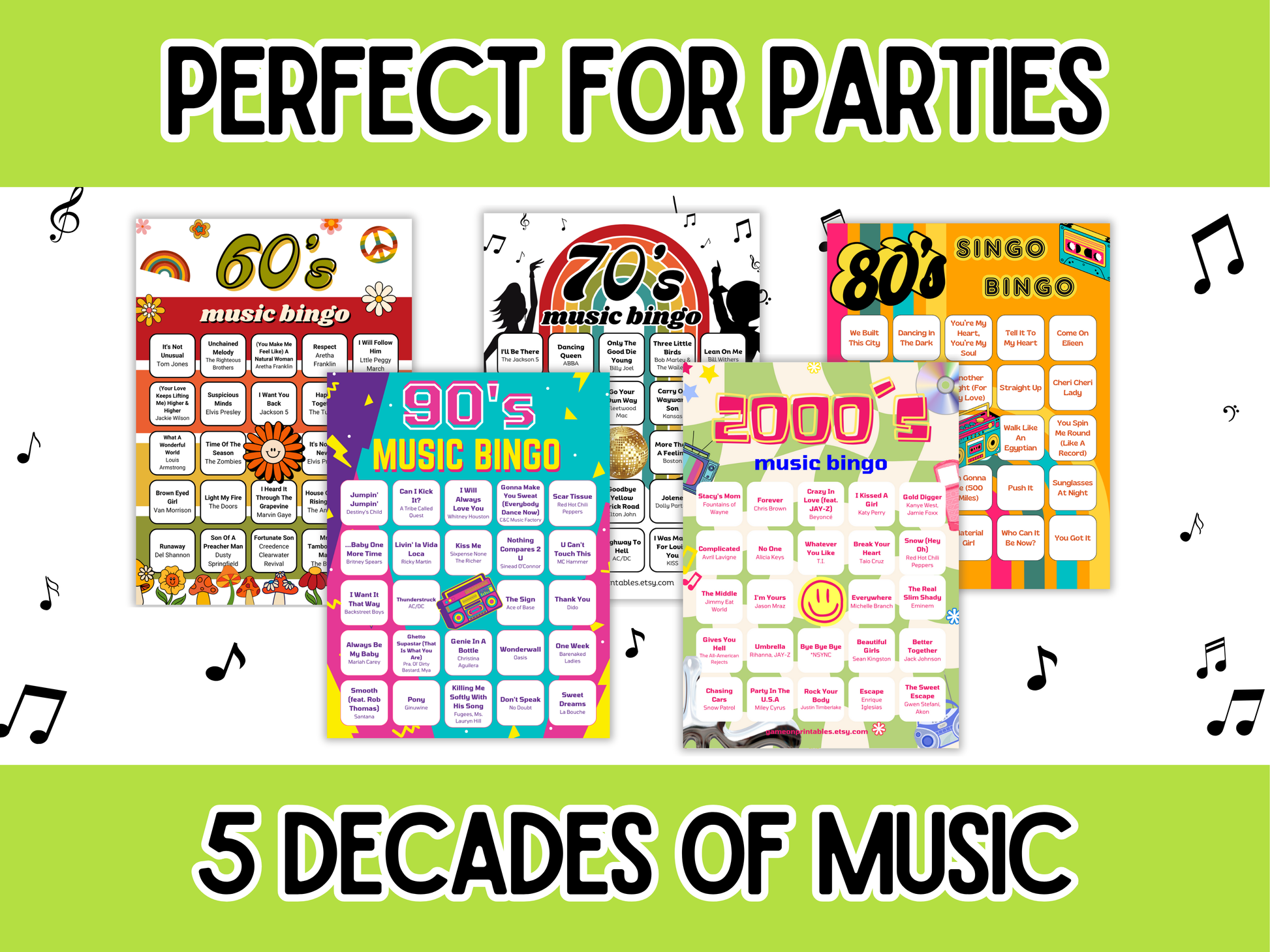 60s, 70s, 80s, 90s, 2000s Music Bingo with Playlist