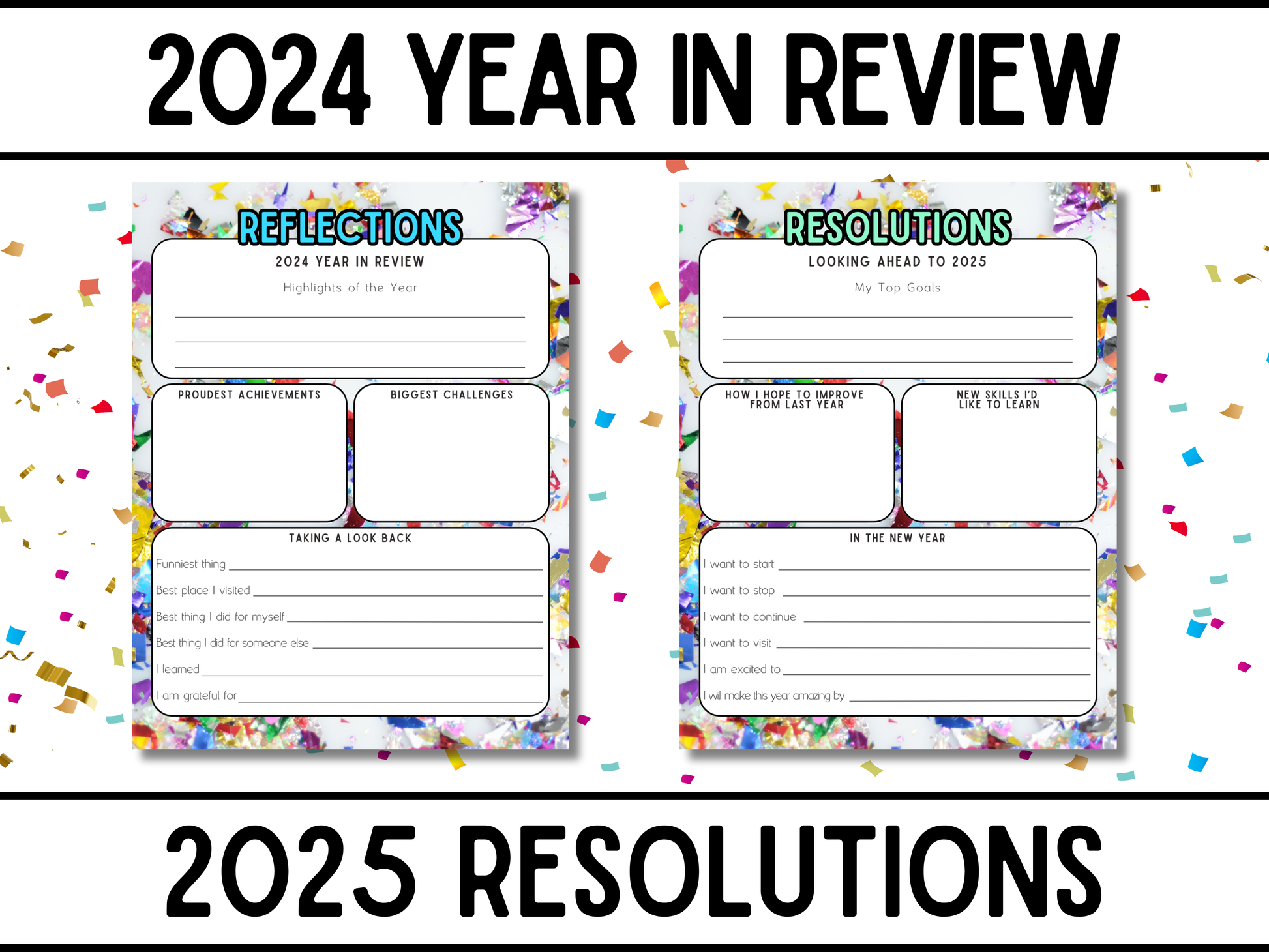 2024 Year in Review and 2025 Resolution printable worksheets