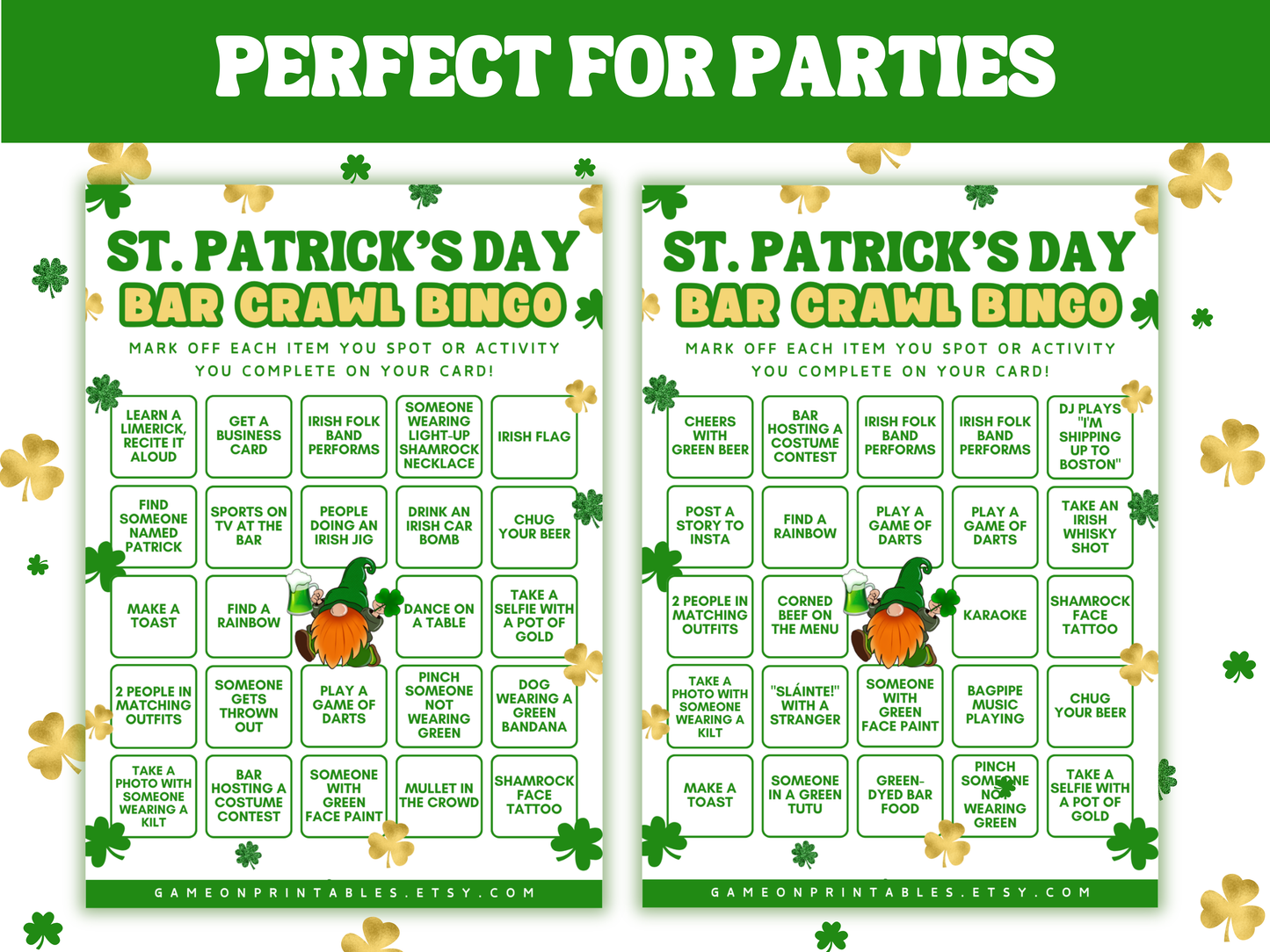 St. Patricks Day printable bar crawl bingo game