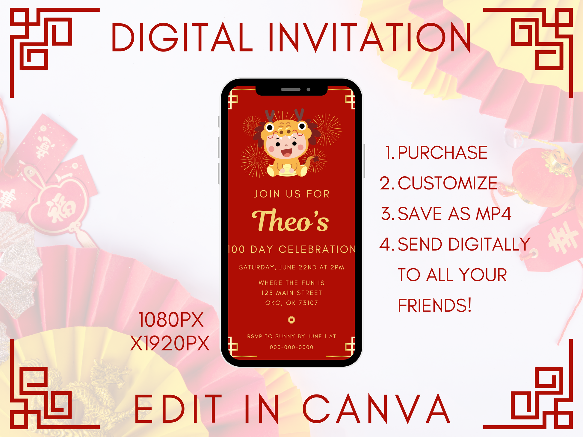 100 day Celebration printable party invitation, Red Egg and Ginger party invitation