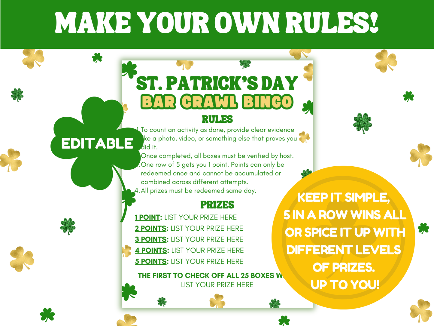 St. Patricks Day printable bar crawl bingo game