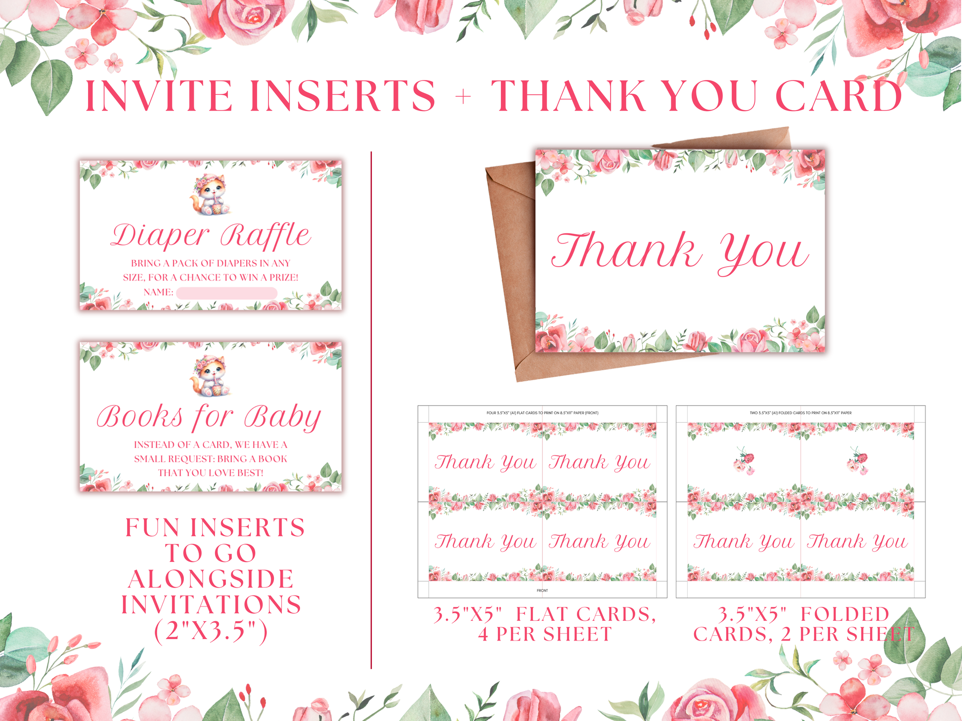 Floral Cat Boba baby shower invitation set - thank you card, books for baby, diaper raffle