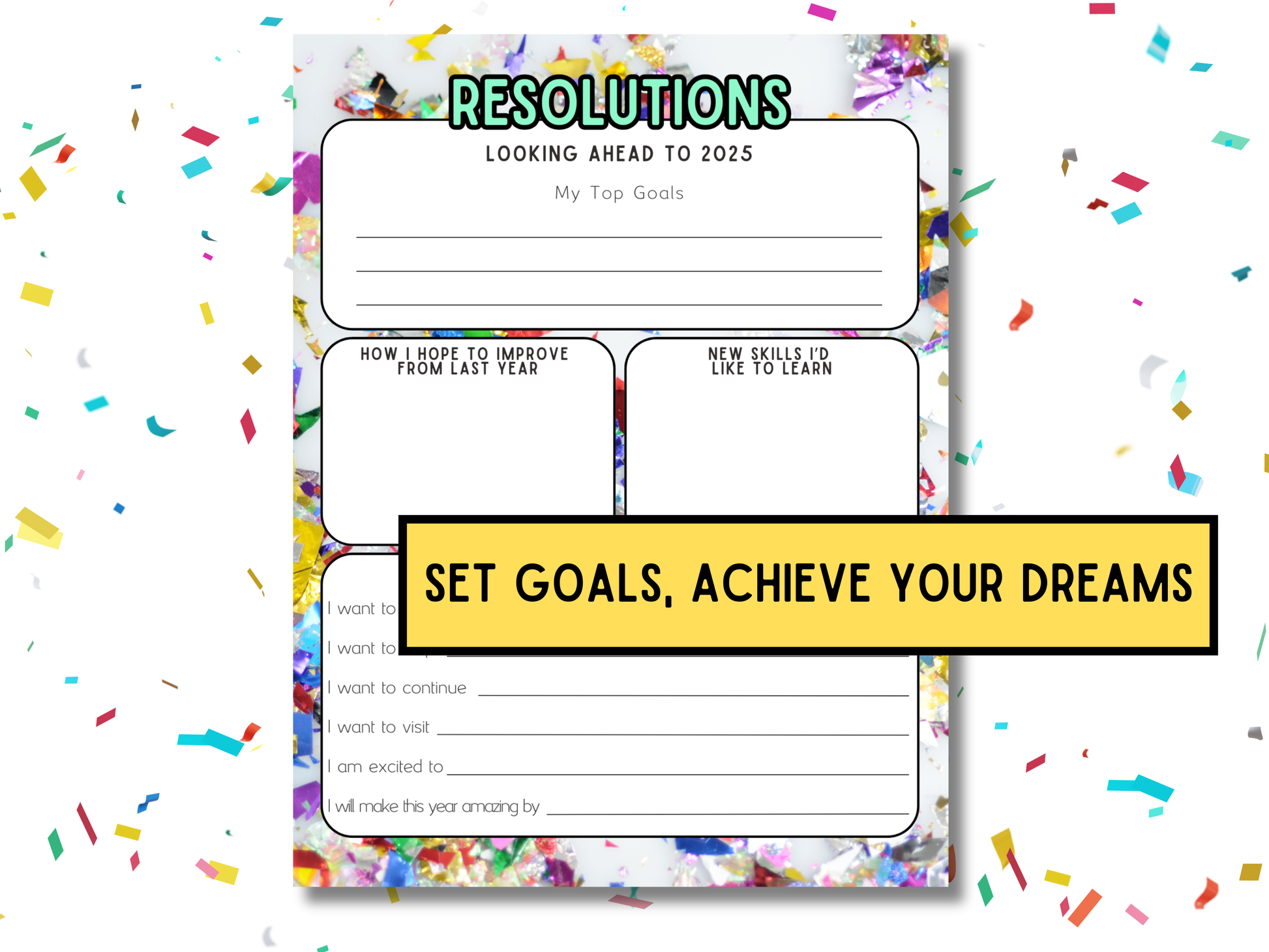 2024 Year in Review and 2025 Resolution printable worksheets